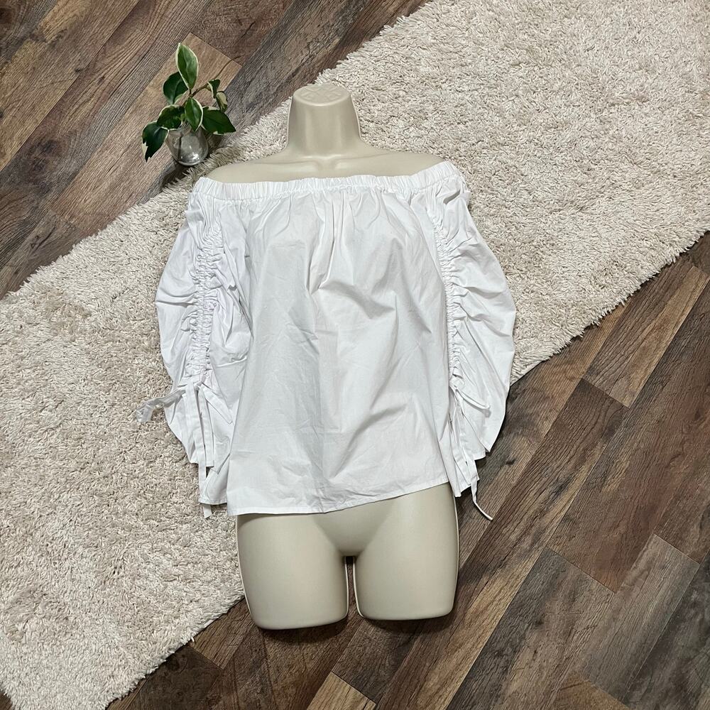 Nordstrom Soprano Small White Off Shoulder Ruched Drawstring 3/4 Sleeve Top NWT - Picture 2 of 6